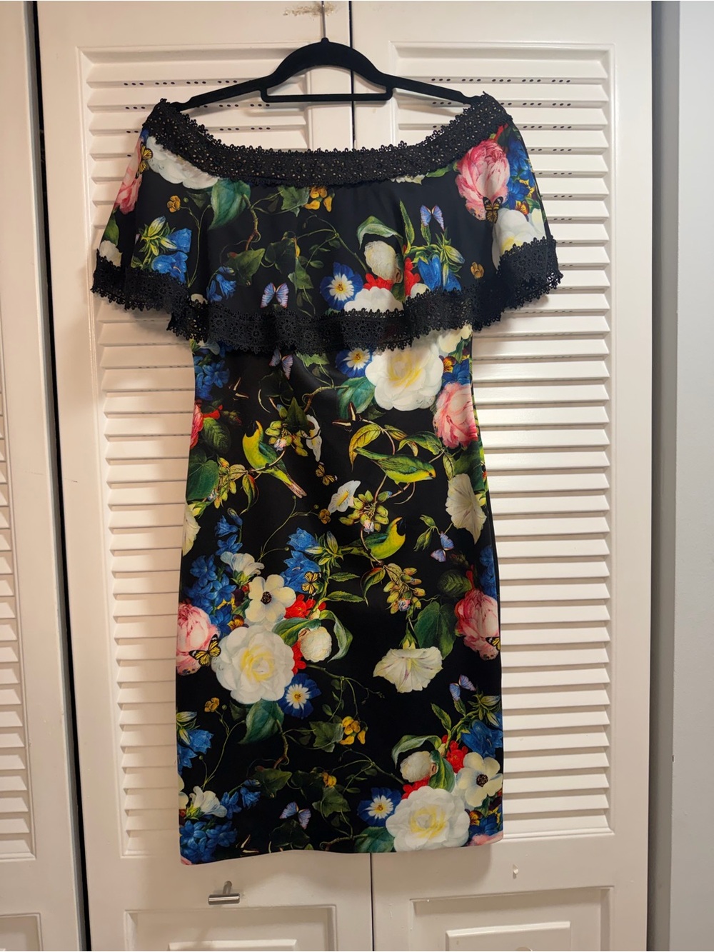 Joseph Ribkoff Black Floral Off-Shoulder Sheath Dress With Butterflies And Birds